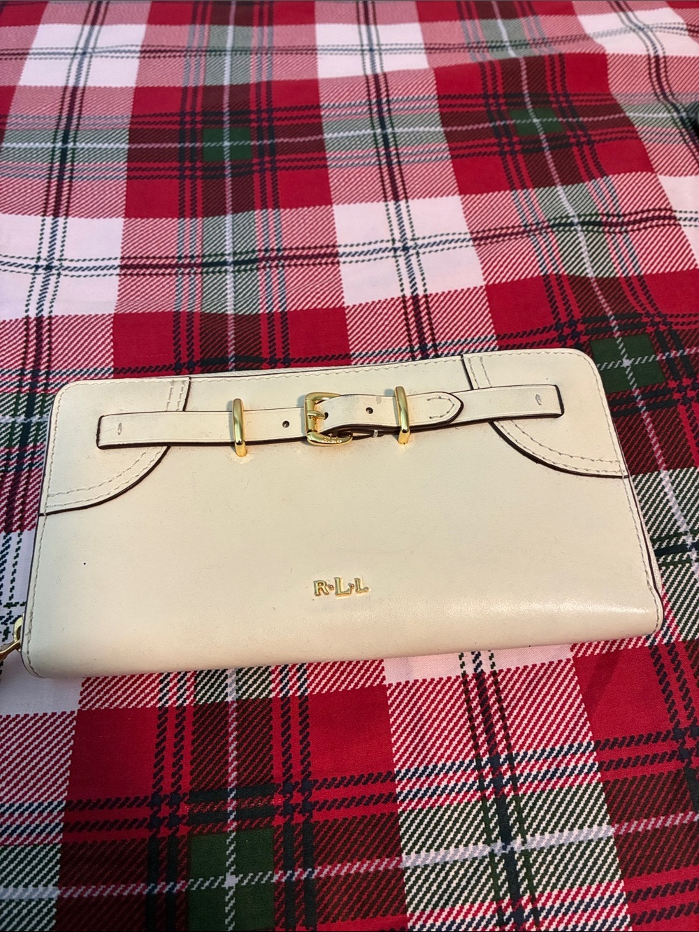 Lauren Ralph Lauren Cream Leather Zip Wallet with Gold Buckle